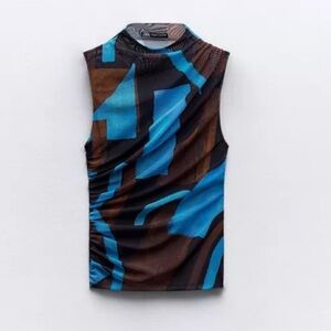 Zara Blue and Brown Abstract Sleeveless Top